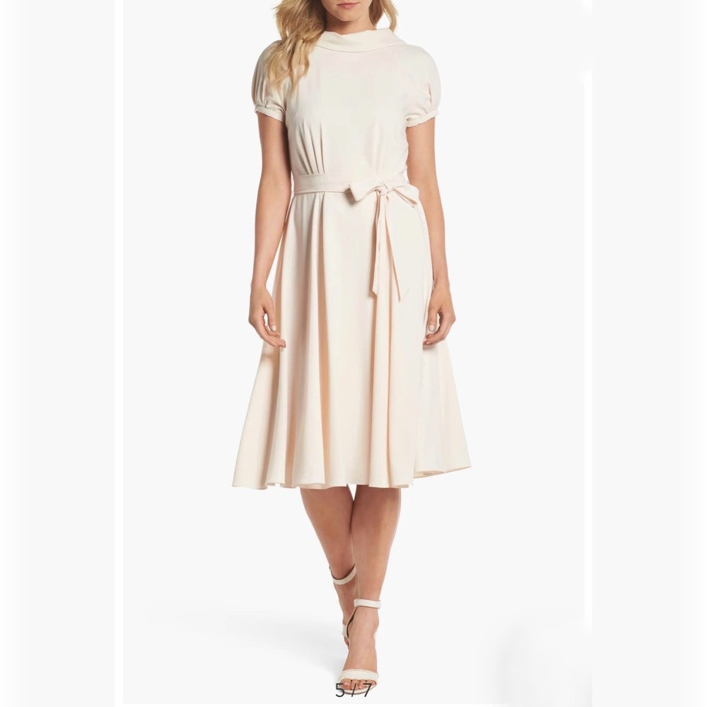 GAL MEETS GLAM ELEANOR CREAM DRESS WITH PUFF SLEEVES WITH WAIST TIE WOMEN SIZE 4
